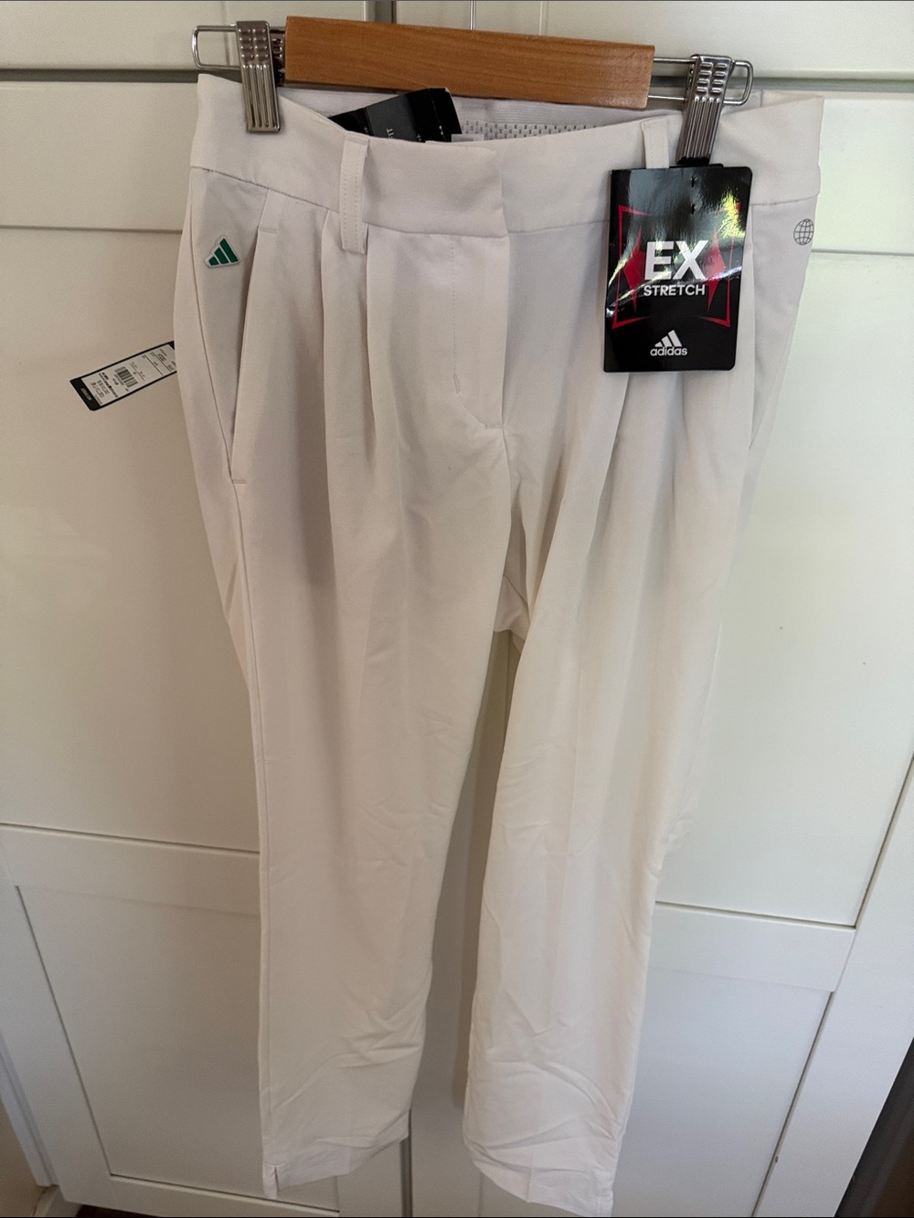 adidas White EX Stretch Golf Pants with Green Logo
